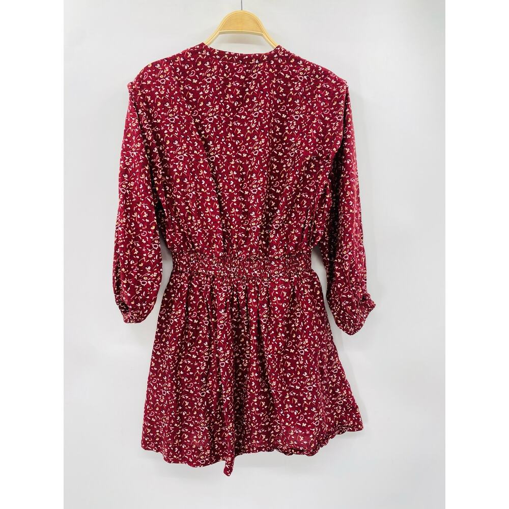 Apiece Apart Maroon Floral Smocked Waist Long Sleeve Mini Dress - Picture 4 of 5